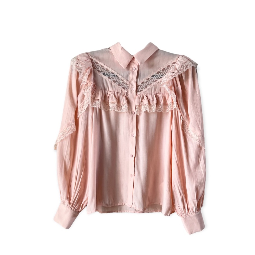 Anna Kay Ruffle Peach Pink Button Down Shirt Size S